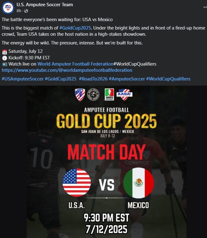 AO Los Angeles (@ao_losangeles) on Twitter photo Another weekend, another #USAvMEX #GoldCup final. Root for <a href="/AmpSoccerUSA/">US Amputee Soccer</a> here later tonight: youtube.com/@worldamputeef… Another weekend, another #USAvMEX #GoldCup final. Root for <a href="/AmpSoccerUSA/">US Amputee Soccer</a> here later tonight: youtube.com/@worldamputeef…