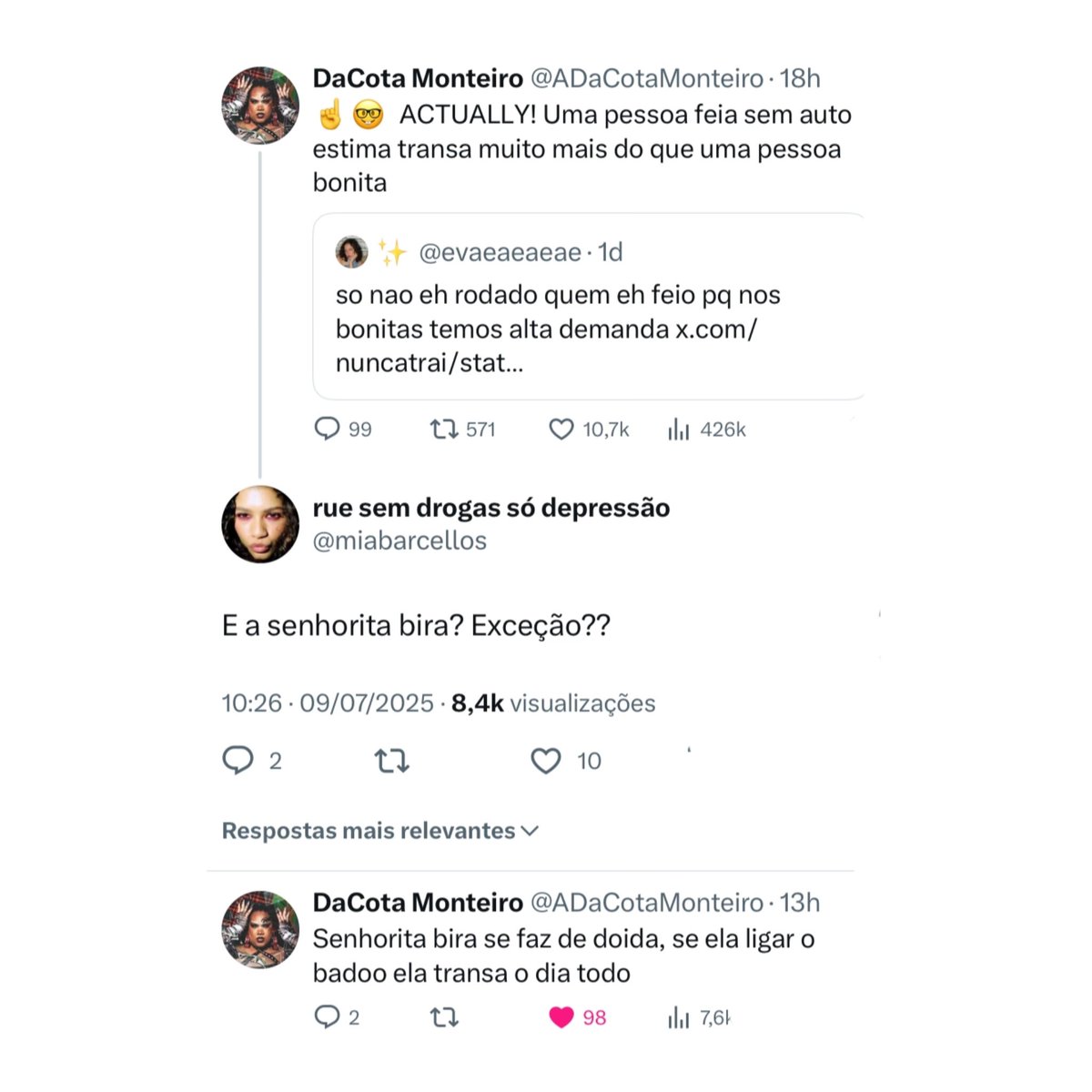 senhoritabira's tweet image. É impressão minha ou a senhora DaCota Monteiro me chamou de "pessoa feia e sem autoestima"? 🤔