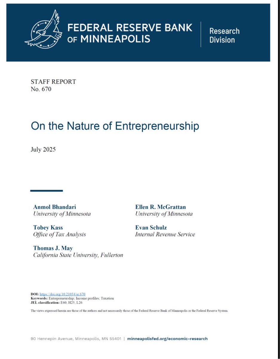 incprodmon's tweet image. Wow, super interesting!

&quot;On the Nature of Entrepreneurship&quot; by Anmol Bhandari, Tobey Kass, Thomas J. May, Ellen R. McGrattan, and Evan Schulz.

minneapolisfed.org/research/staff…
