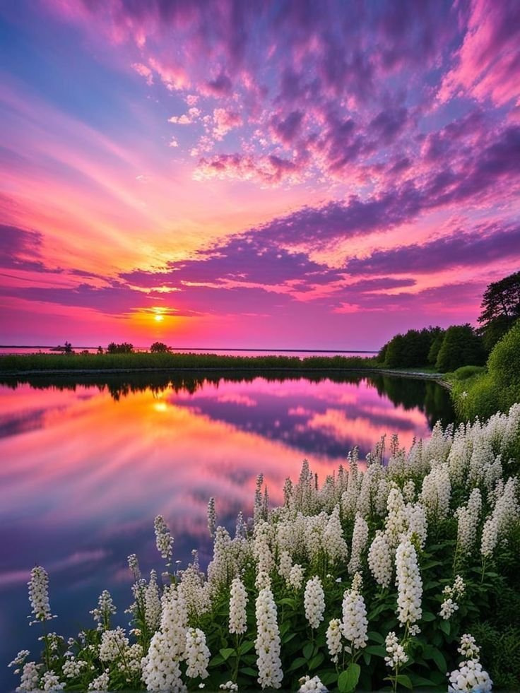 OldCoachB33's tweet photo. Immerse yourself in the beautiful scenery of the purple and pink sunset and its reflection on the lake. The white flowers sway gently, the sunset is gentle, everything is quiet and picturesque, as if time has stopped here. https://t.co/abRiOKujq3
