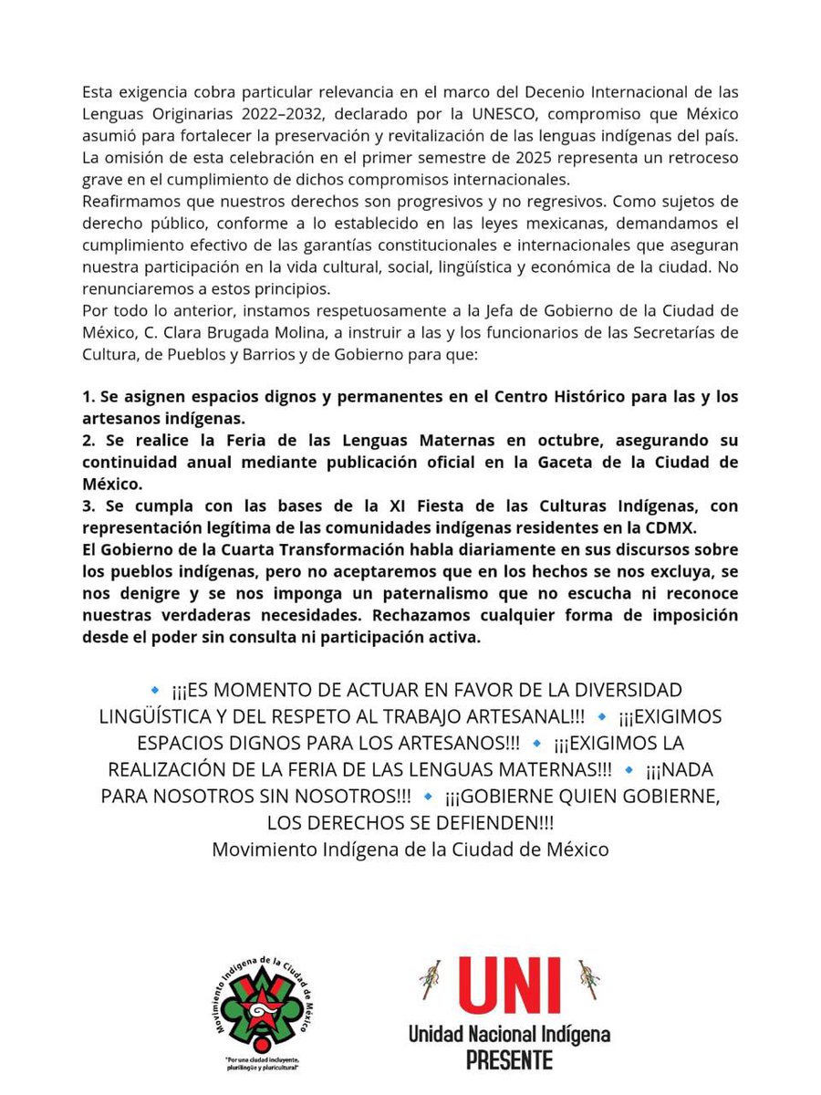 A la opinión pública y solicitamos se haga caso a la brevedad a la demanda de los compañeros <a href="/ClaraBrugadaM/">Clara Brugada Molina</a> <a href="/craviotocesar/">César Cravioto</a> <a href="/CDHCMX/">Comisión de DH de la Ciudad de México</a> <a href="/COPRED_CDMX/">COPRED CDMX</a> <a href="/Congreso_CdMex/">Congreso de la Ciudad de México</a> <a href="/MariaRoseteMx/">María Rosete</a> <a href="/CulturaCiudadMx/">Secretaría de Cultura de la Ciudad de México</a> <a href="/SuarezdelReal1/">José Alfonso Suárez del Real y Aguilera</a> <a href="/SEPICDMX/">SEPI CDMX / Pueblos-Barrios-Comunidades Indígenas</a>