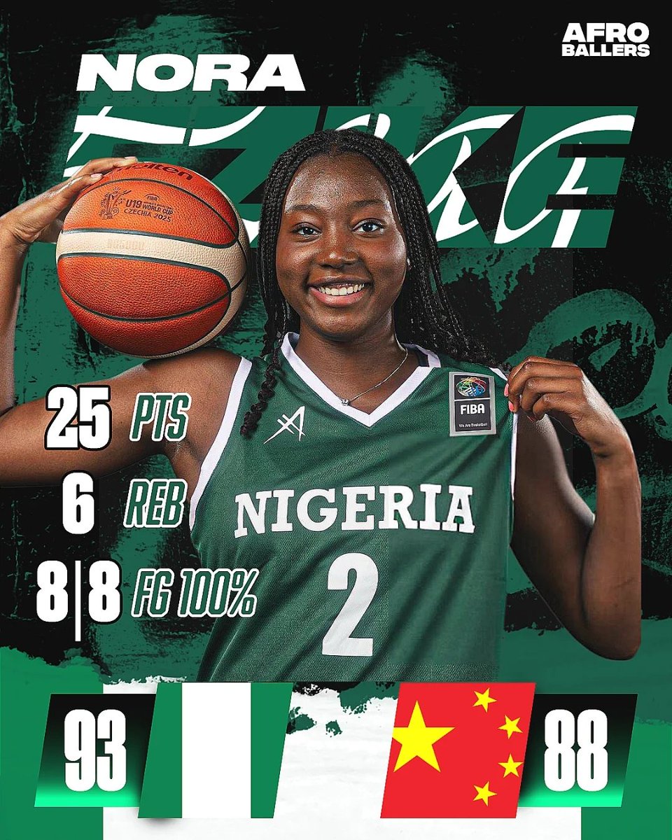 Nigeria's U19 girls basketball team STAGED A THIRD QUARTER COMEBACK TO WIN THEIR FIRST EVER U19 WORLD CUP GAME 🔥

Nora Ezike with a STATEMENT GAME:

▫️25PTS

▫️8/8 2pt (100%)

▫️9/11 FT (82%)

<a href="/nezike15/">Nora Ezike</a> 🇳🇬 #AfroBallers
