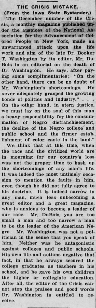 This article is absolutely FRYING Dubois for disrespecting Booker T. Washington right after he died.

This is how I know Dubois was insanely jealous of BTW and a dweeb of the highest order.

3 different periodicals banded together to rightfully cook him.

📰 1915. #HotepHistories