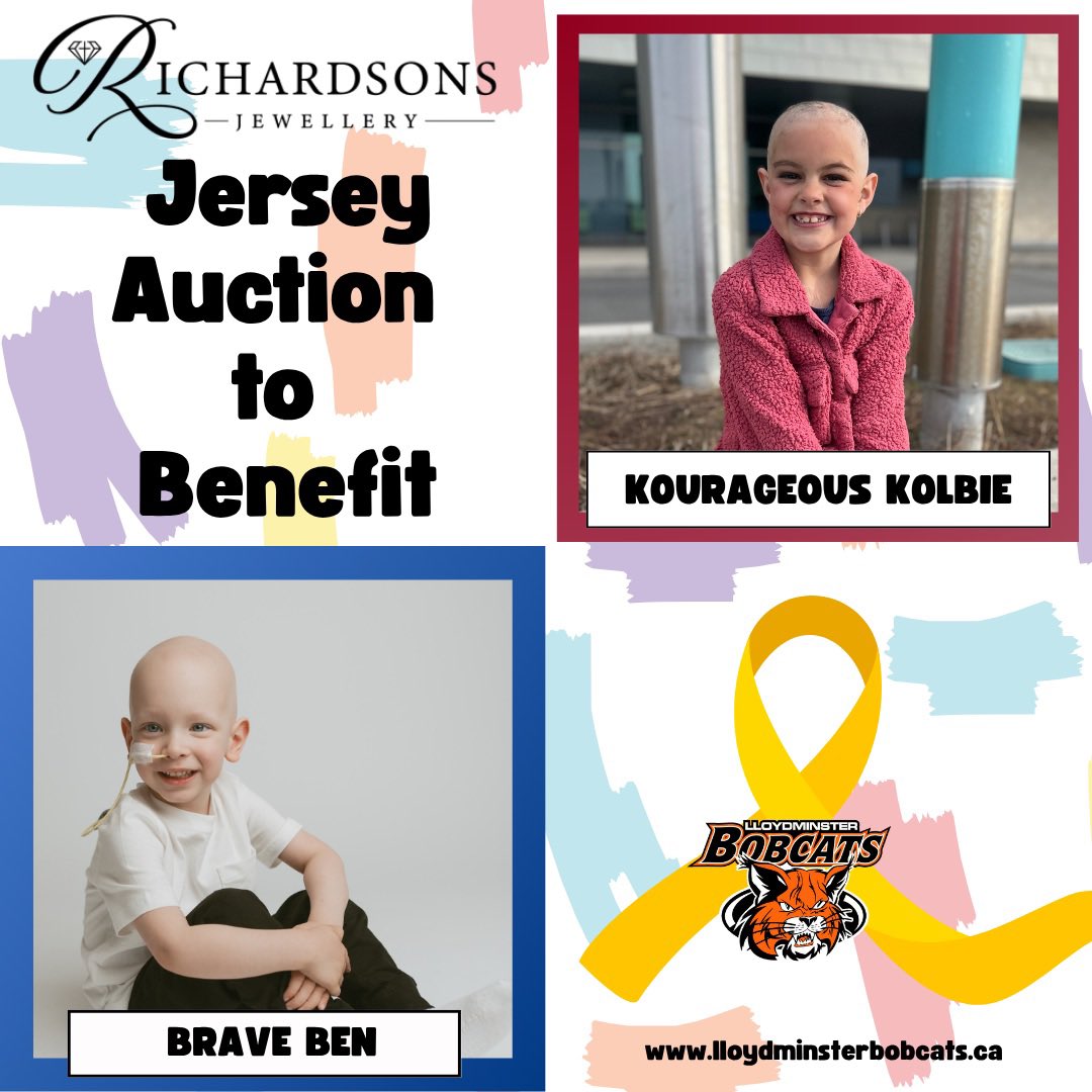Specialty jerseys will be worn during the Hockey Hooky Game on October 22nd! 
.
You can donate today to receive a jersey, click the link to see what jerseys are still available! All proceeds to help Brave Ben and Kourageous Kolbie!
.
Full details: lloydminsterbobcats.ca/benefit-2