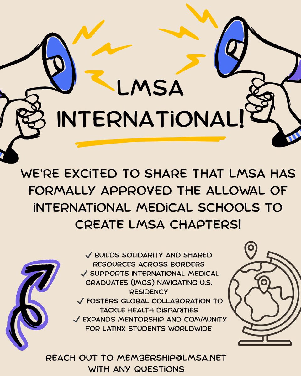 Big news: LMSA is going global! 🩺🌍🎉 

Medical schools outside the U.S. can now join our familia to help empower Latino med students &amp; serve underserved communities worldwide. 🌎💛