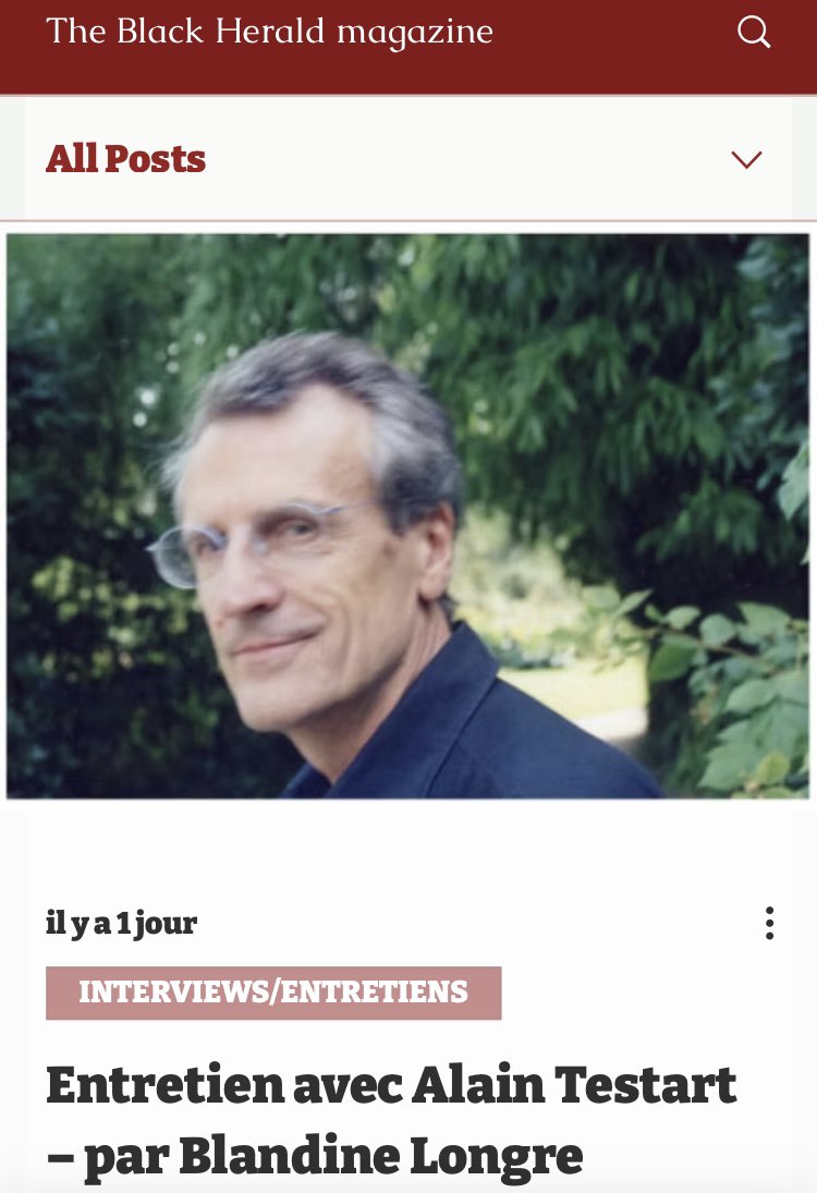 Nouveau texte en ligne dans la revue : un entretien avec l’anthropologue Alain Testart (1945-2013) à propos de son unique roman, Éden cannibale (Actes Sud &amp; Errance, 2004)

blackheraldpress.com/post/entretien…