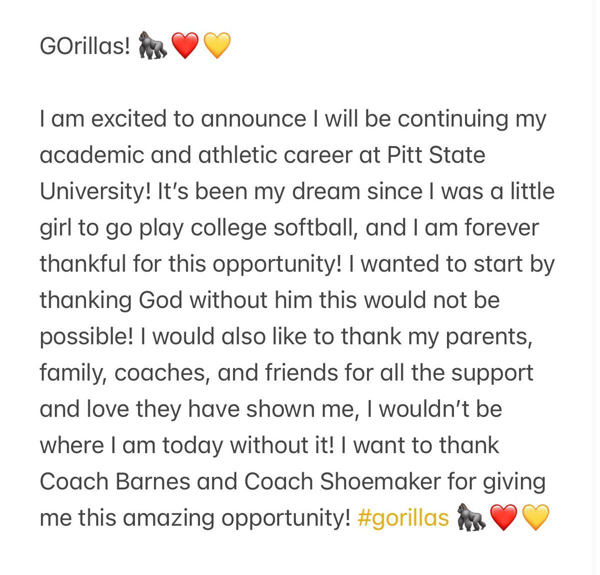 GOrillas! 🦍❤️💛
<a href="/Gorilla_SFB/">Pitt State Softball 🥎</a> <a href="/CoachJoshBarnes/">Josh Barnes</a> <a href="/TGNatGroves/">Top Gun National-Groves</a> <a href="/topgunfastpitch/">Top Gun Fastpitch</a> <a href="/SHBearsSB/">SHHS Bears Softball</a>