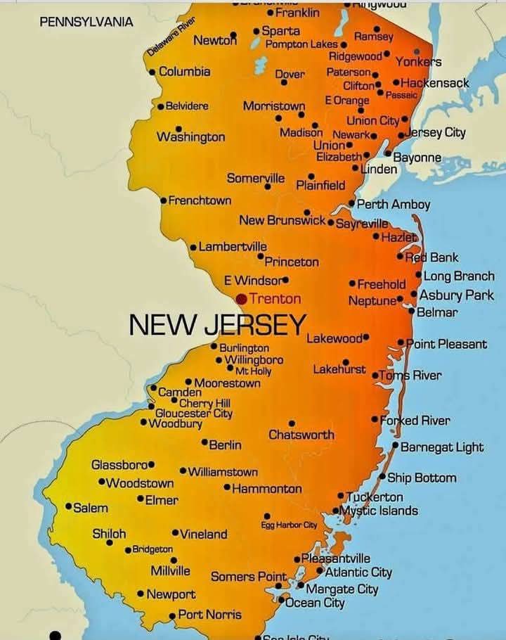 For those in New Jersey and those visiting...

New Jersey is a peninsula.

Highlands, New Jersey has the highest elevation along the entire east coast, from Maine to Florida.

New Jersey is the only state where all of its counties are classified as metropolitan areas.

New Jersey