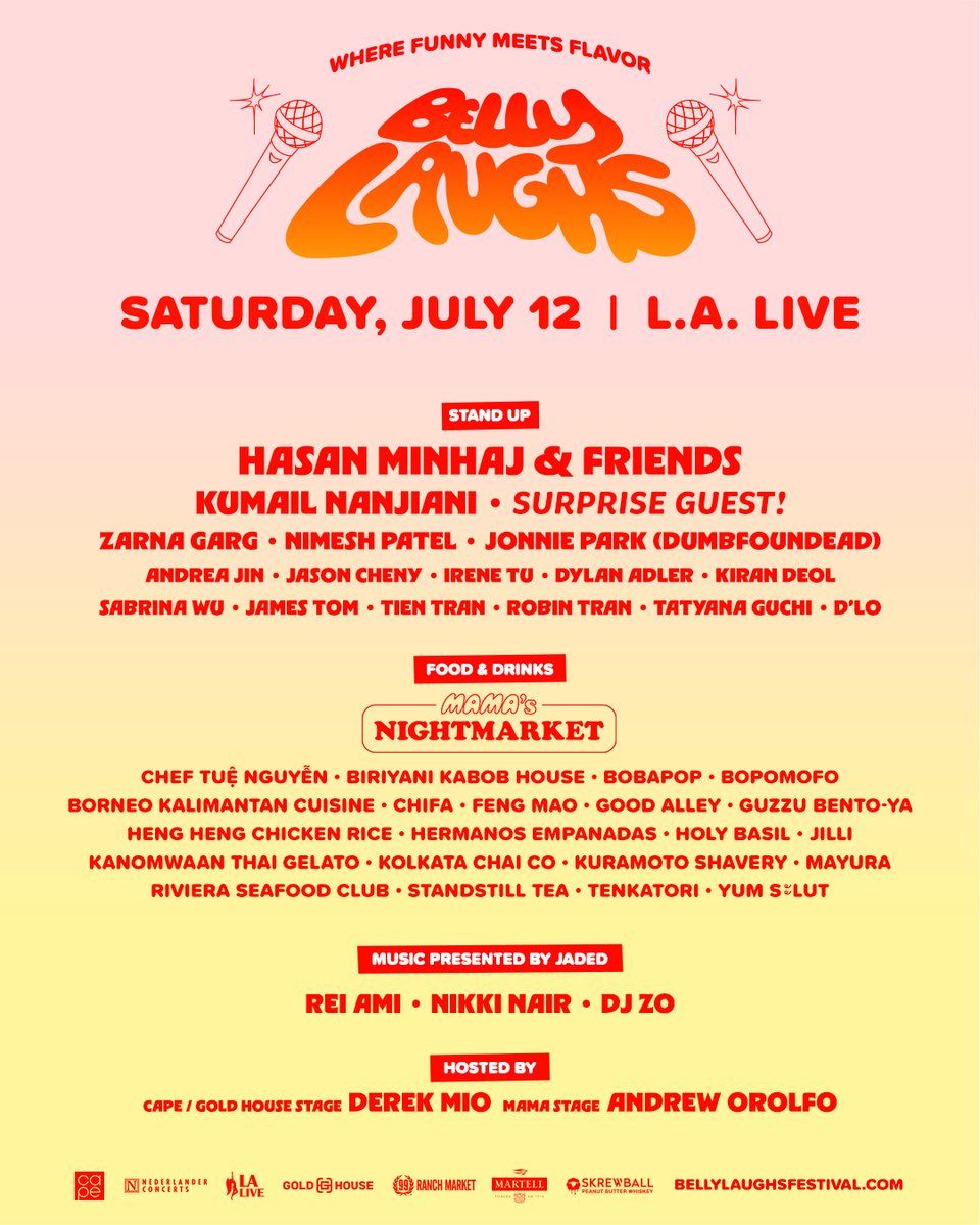 peacock_theater's tweet image. Get ready to LOL at Belly Laughs Festival and eat good! 30 top comedians, 20+ food vendors from MAMA's NIGHTMARKET. Let the weekend begin!🍡🥠🍥🥟🍣🍜
🎟️Tickets still remain for today and tomorrow! pckthr.la/bellylaughs25tw
✨Doors - 2:00pm