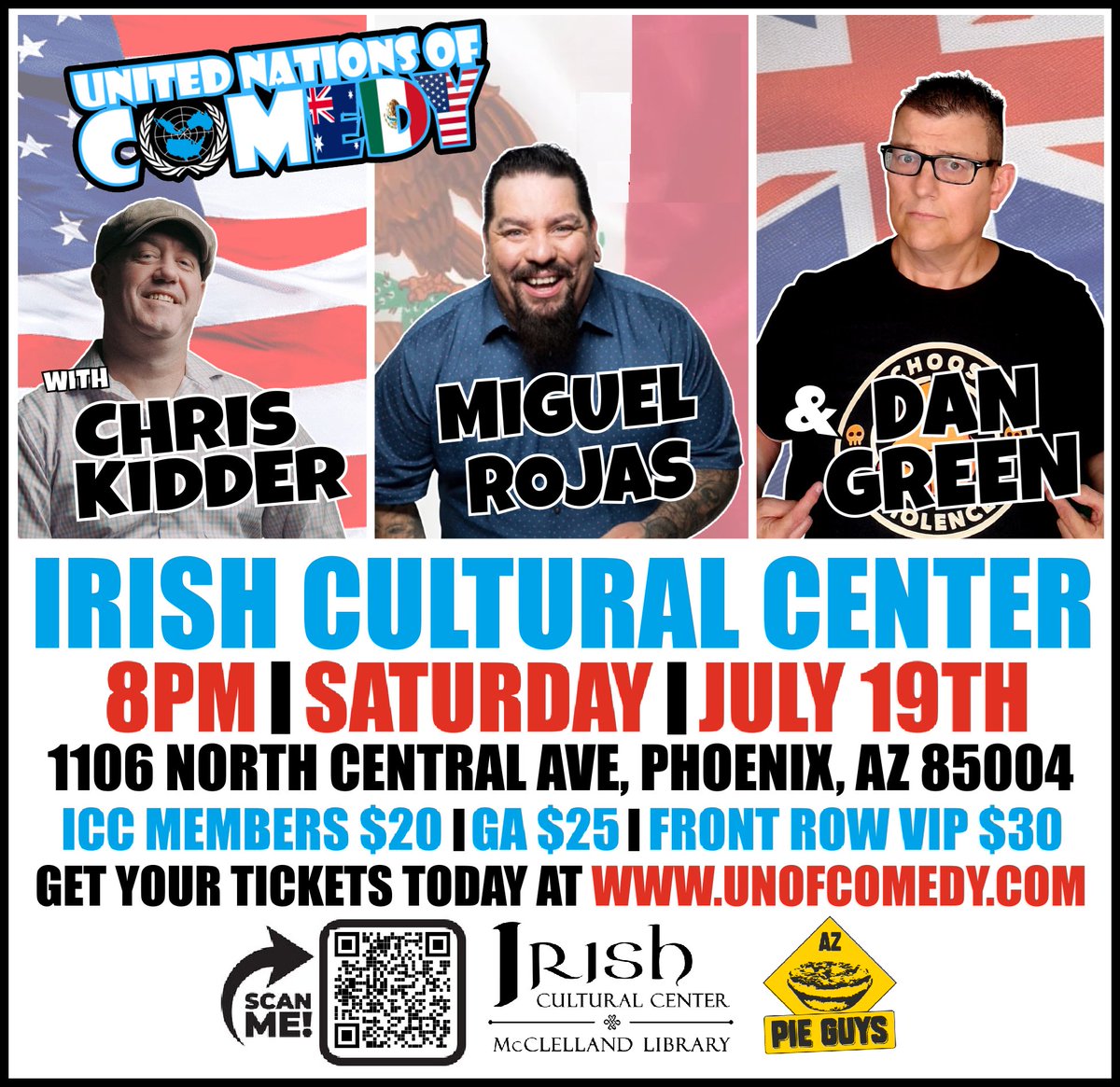 NEXT WEEK LAUGH OUT LOUD at "United Nations of Comedy"
3 comedians - Mexican, Australian &amp; American - bring the laughs, then team up at the end to roast the audience (yes, YOU)!
1 stage. 3 cultures. Unlimited laughs.
Don't miss out, get your tickets; azirish.org/international-…