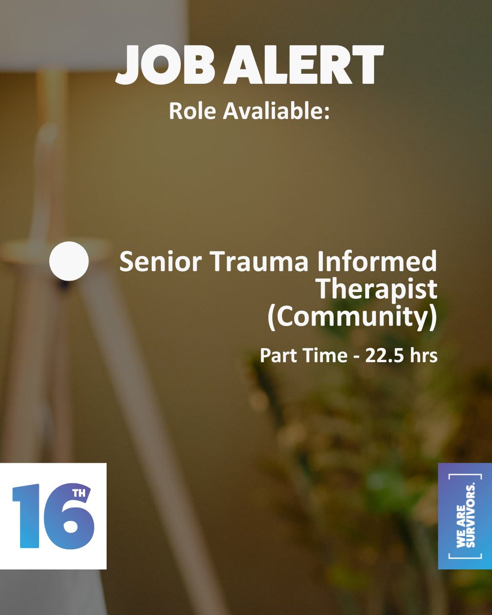 We have a new opportunity that may be for you!

Join our community team today as a Senior Trauma Informed Therapist

For all the relevant information see here wearesurvivors.org.uk/news/come-join…

#WeAreSurvivors #GreaterManchester #JOB