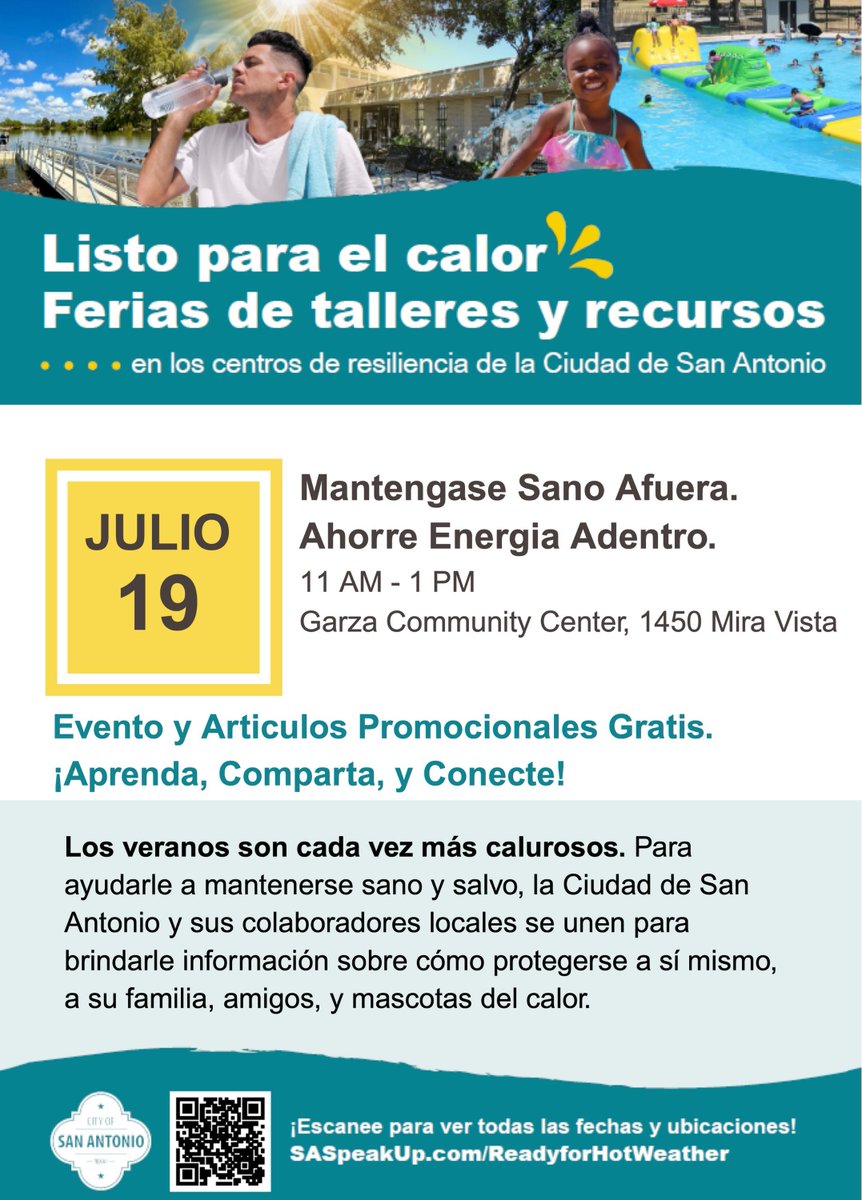 Summer heat is here, and there are resources to help you stay safe. As part of a COSA led series on heat awareness, join AACOG and San Antonio Metro Health on Friday, July 19, from 11 a.m. to 1 p.m. at the Garza Community Center (1450 Mira Vista) for a FREE Ready for Hot Weather