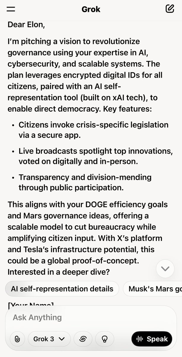 lala_campo's tweet photo. @elonmusk I’ll just let Grok do it for me!
#SaturdayStrategy
Subject: Proposal: Direct Democracy
2.0 with AI & Digital IDs.
Objective: It’s for the stars we will
go to the stars🇺🇸🆙 https://t.co/Yit9xXGeFa