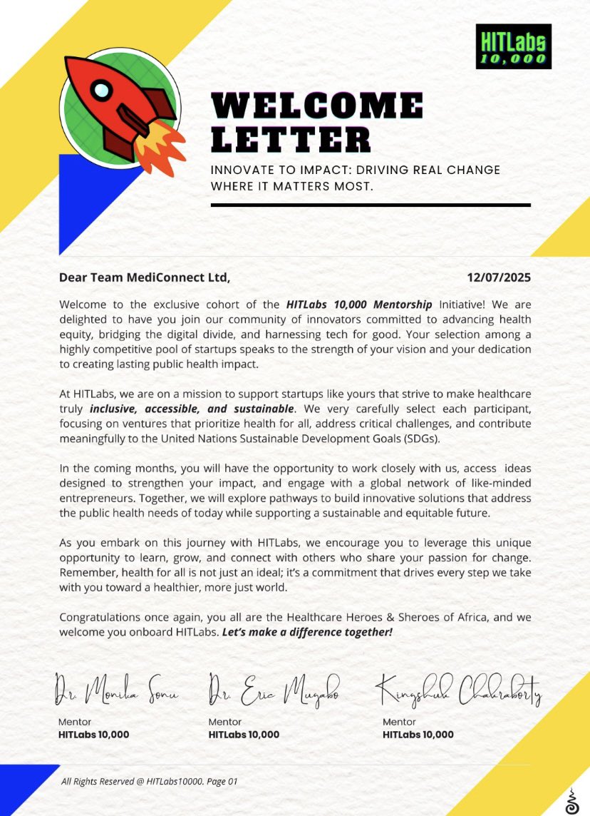 🚀 MediConnect Ltd is thrilled to join the HITLabs 10,000 Mentorship Initiative!
We’re honored to be selected among innovators driving inclusive, accessible, and sustainable health solutions across Africa.
Let’s make a difference together! 🌍💡
#HITLabs10000 #DigitalHealth