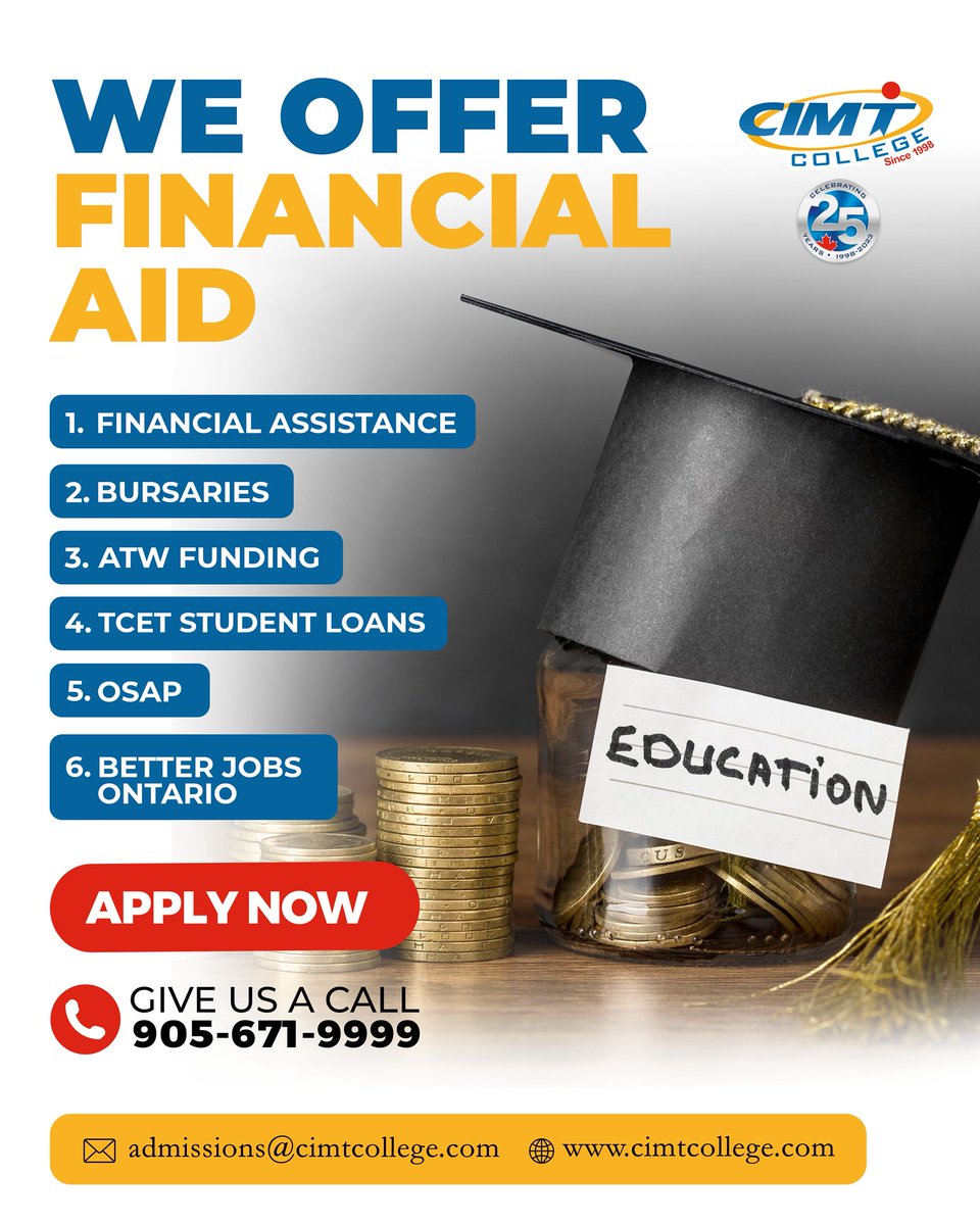 CIMT College (@cimtcollege) on Twitter photo π Need Help Paying for School? Weβve got you covered!
CIMT College offers a range of financial aid options to help you succeed!β¨
β
Apply Now and take the first step toward your future.
π Call us: 905-671-9999
π§ admissions@cimtcollege.com
π cimtcollege.com π Need Help Paying for School? Weβve got you covered!
CIMT College offers a range of financial aid options to help you succeed!β¨
β
Apply Now and take the first step toward your future.
π Call us: 905-671-9999
π§ admissions@cimtcollege.com
π cimtcollege.com