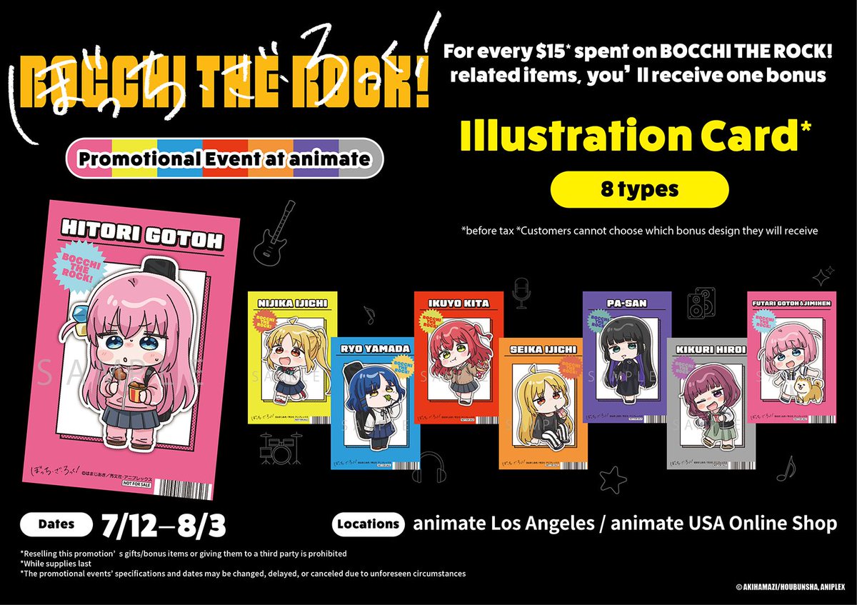AnimateUSA's tweet image. Our BOCCHI THE ROCK! Promotional Event starts today at animate LA and the online store🎸
Customers will get a bonus Illustration Card with every $15 spent on #BOCCHITHEROCK items✨
The promo is valid until 8/3!! FREE in-store pickup at your convenience!
buff.ly/mDf6aXr