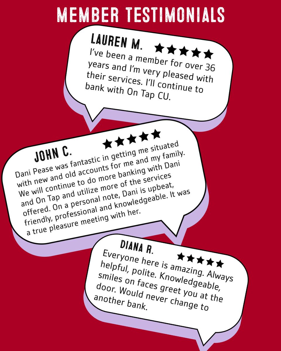 We love our members!

We say, to the long-time members and the brand new ones, THANK YOU for entrusting us with your finances and allowing us to craft solutions for you!

Cheers!

#Colorado #OnTapCU #Reviews #CraftingSolutions