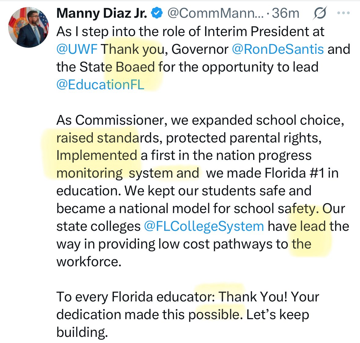 ElectBeaven's tweet photo. This pretty much sums up @CommMannyDiazJr tenure at @EducationFL #Sloppy #Inaccurate #SelfAggrandizing #SuckUp https://t.co/h1fP9cE900