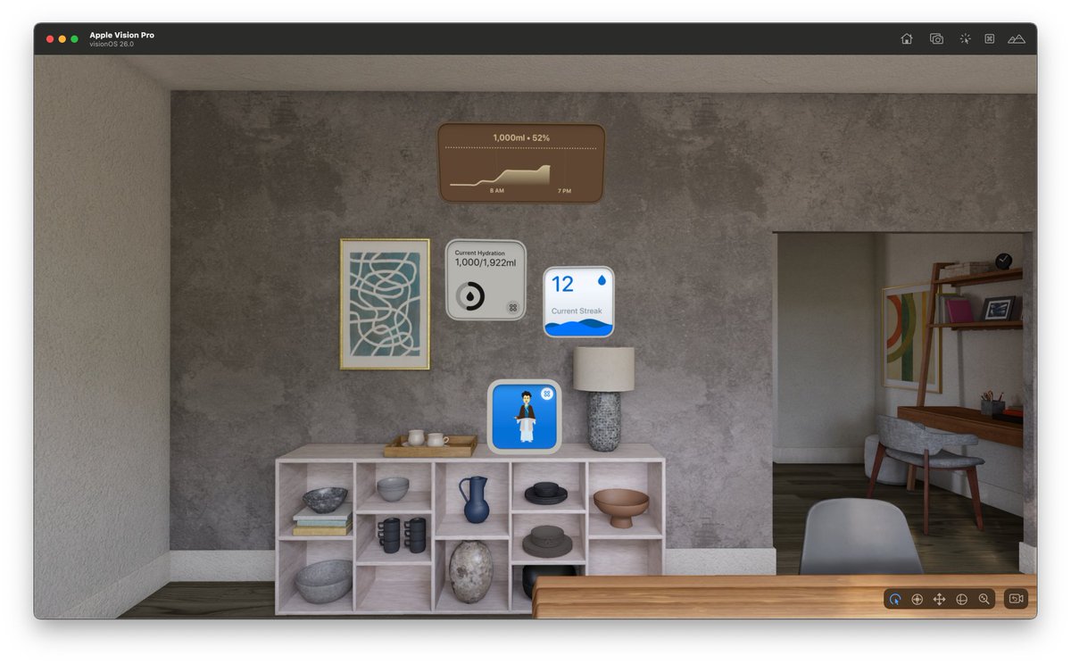 ksmolka's tweet image. WaterMinder on visionOS 26 will have the ability to put widgets on a wall and it will remember where it is all the time.
Put your hydration progress next to your family photos or as frame on the countertop 😎