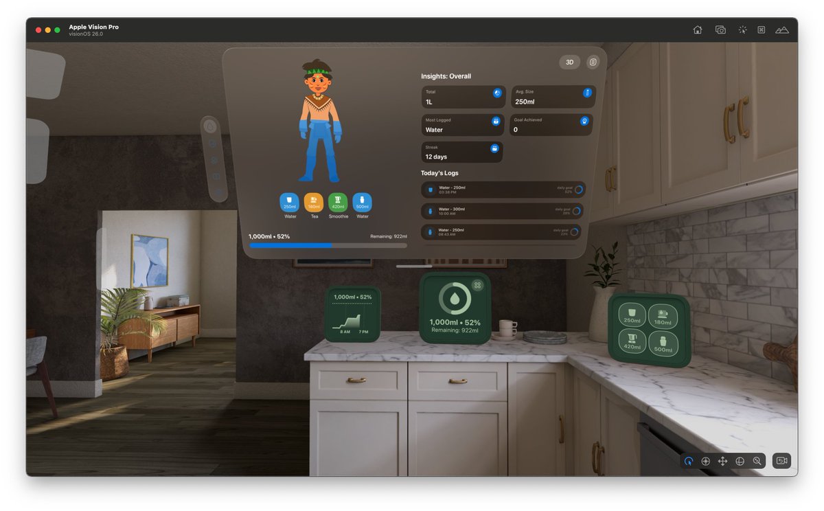 ksmolka's tweet image. WaterMinder on visionOS 26 will have the ability to put widgets on a wall and it will remember where it is all the time.
Put your hydration progress next to your family photos or as frame on the countertop 😎