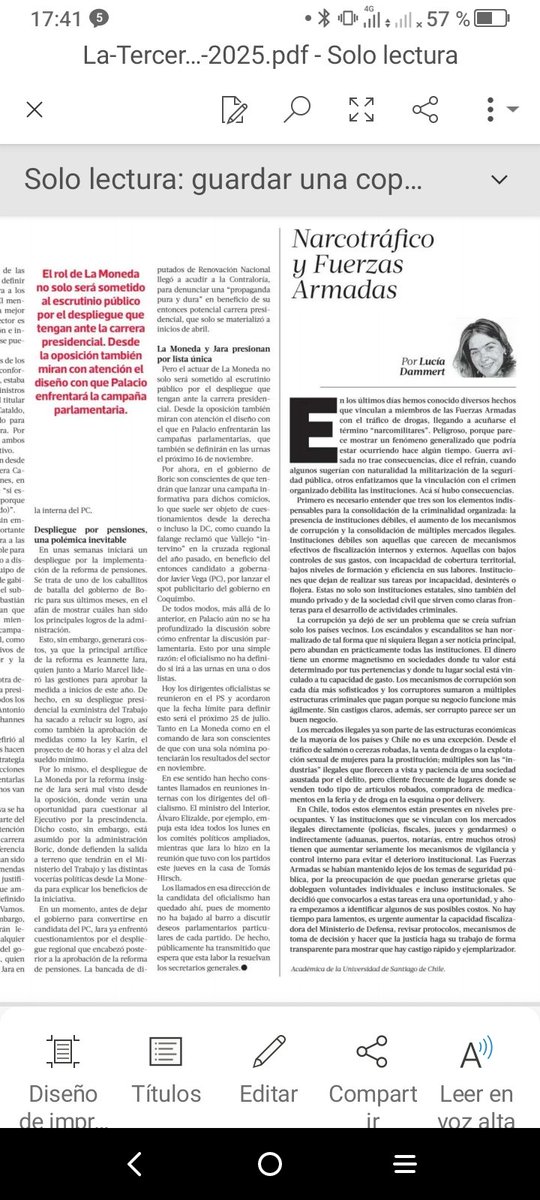 María de los Angeles Fernández Ramil (@mangeles_hm) on Twitter photo "Tres son los elementos indispensables para la consolidación del crimen organizado: aumento de mecanismos de corrupción, múltiples mercados ilegales e instituciones débiles."
Lean a <a href="/LuciaDammert/">Lucía Dammert</a> en <a href="/latercera/">La Tercera</a> hoy."
#criminalidad
#inseguridad "Tres son los elementos indispensables para la consolidación del crimen organizado: aumento de mecanismos de corrupción, múltiples mercados ilegales e instituciones débiles."
Lean a <a href="/LuciaDammert/">Lucía Dammert</a> en <a href="/latercera/">La Tercera</a> hoy."
#criminalidad
#inseguridad