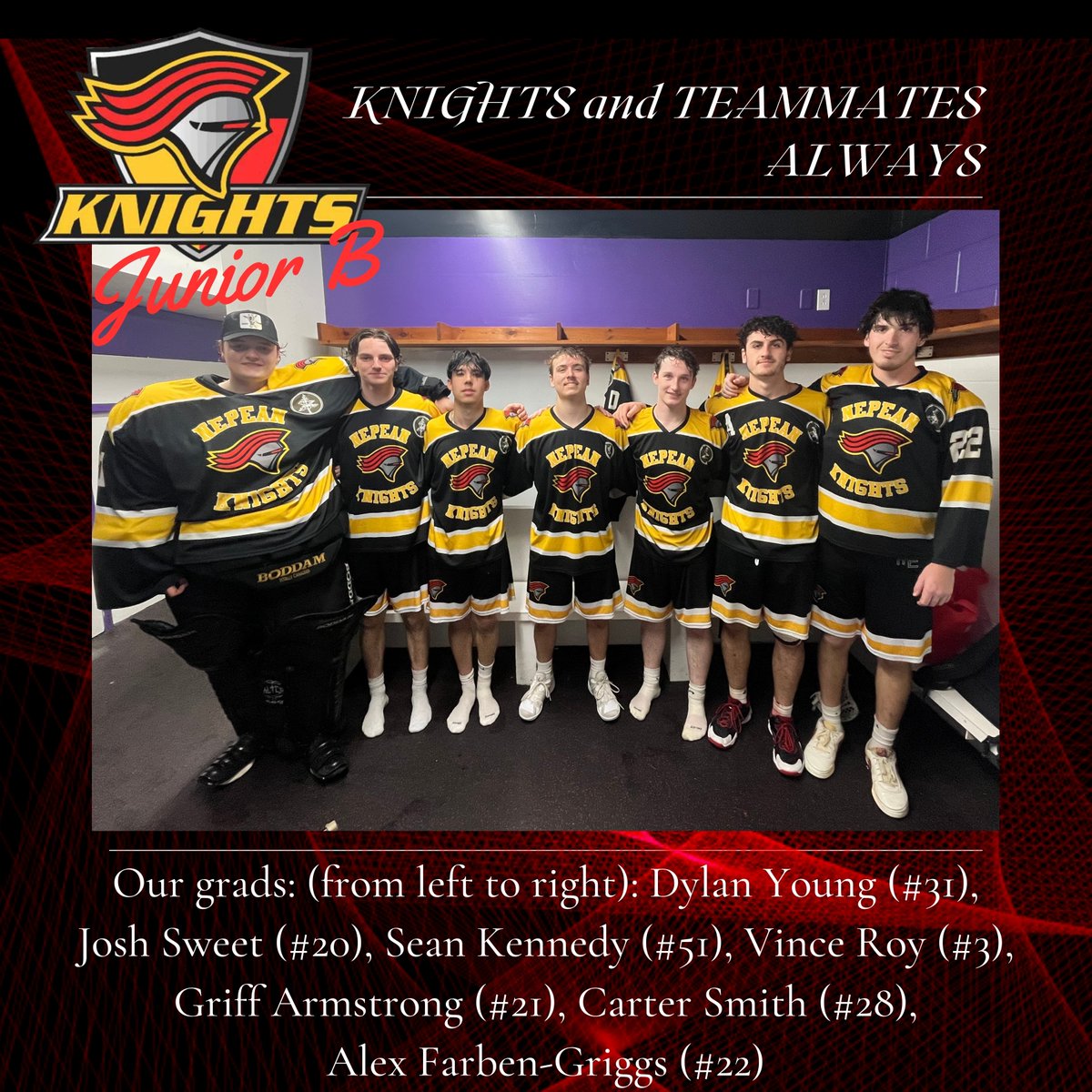 Tough when our season ends abruptly as it did last night following a battle with Akwesasne. Tough as well to say goodbye to these seven players now graduated from junior lacrosse. We thank them for their commitment and effort and know they will value their Knights friendships.