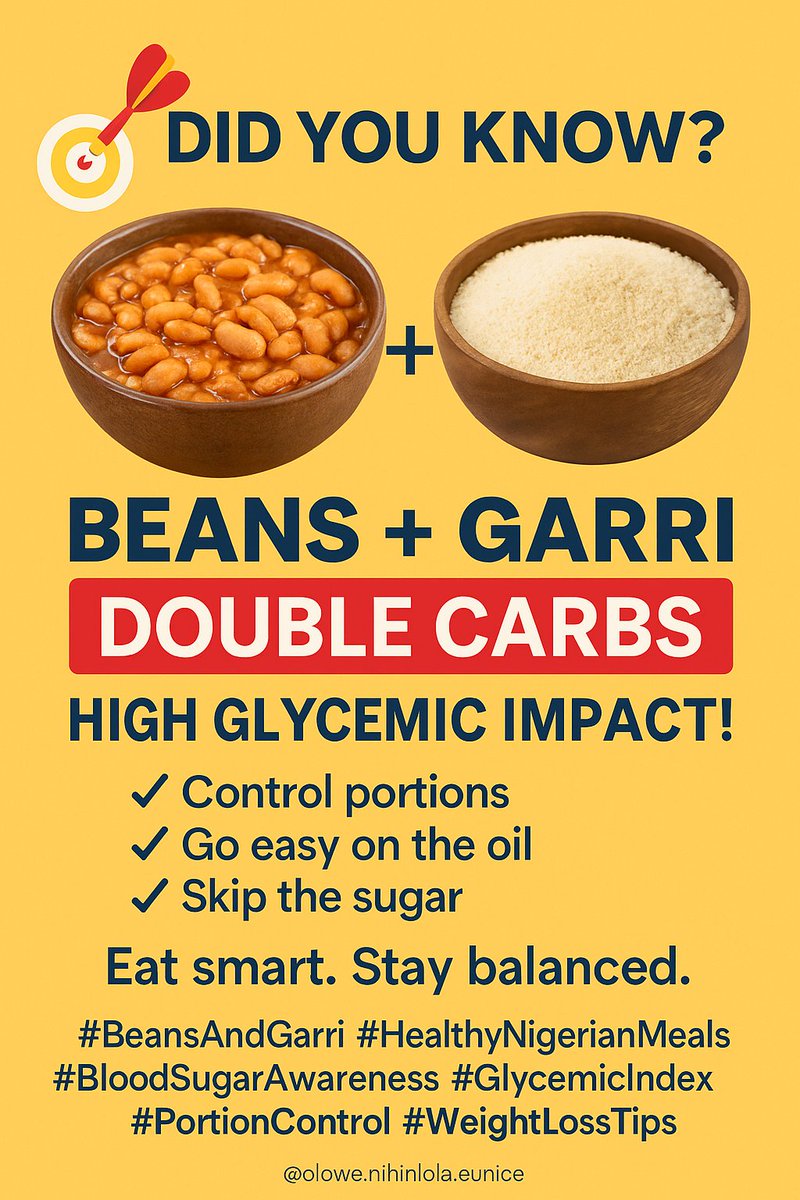 NihinlolaOlowe's tweet image. 🎯 DID YOU KNOW?

🍛 Beans + Garri = Double Carbs
📈 High Glycaemic Impact!

Too much can spike your blood sugar and slow your weight loss.

✅ Control portions
✅ Go easy on the oil
✅ Skip the sugar

Eat smart. Stay balanced.

#HealthyNigerianMeals  #GlycemicIndex  #weightloss
