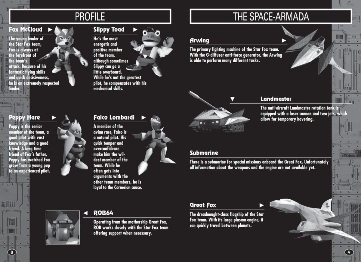 AndrossSF0's tweet image. A few pages from the instruction manual for Lylat Wars (Star Fox 64).
#starfox #starfox64 #n64 #nintendo64 #Nintendo