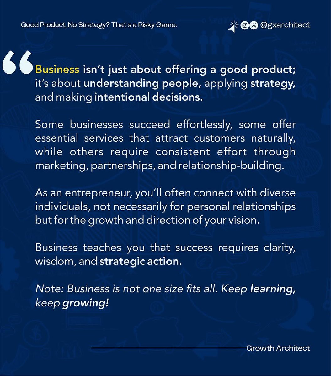 GxArchitect's tweet photo. Good Product, No Strategy? That’s a Risky Game.
.
.
Growth Architect shares proven strategies, insights, and frameworks to help entrepreneurs and startups grow with clarity and intention

Let’s connect: growthxarchitect@gmail.com
#GxArchitect | Empowering Brands. Fueling Growth. https://t.co/8mcihaE6Pj