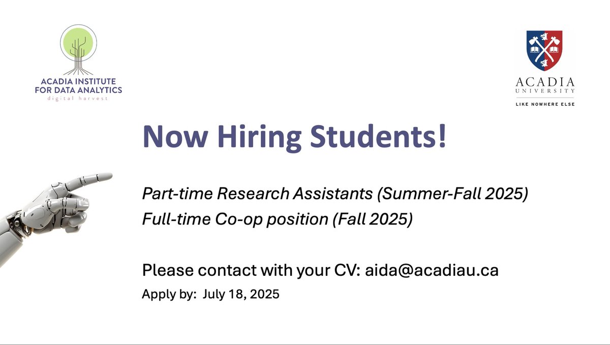 The Acadia Institute for Data Analytics (AIDA) is now hiring students for summer and fall Research Assistant positions! Please send a copy of your CV along with a statement of interest and availability

#dataanalytics #datascience #acadiadata #researchassistantships 📊📈🖥️