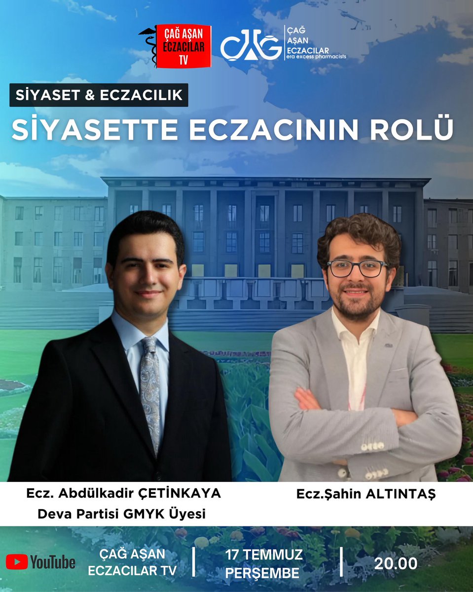 Siyaset &amp; Eczacılık 

Eczacının Siyasetteki Rolü 

Konuk: Ecz.Abdülkadir Çetinkaya ( <a href="/ecz_cetinkaya/">Ecz. Abdulkadir Çetinkaya</a> ) | Deva Partisi GMYK

Moderatör: Ecz.Şahin ALTINTAŞ | Siyaset Bilimci 

Tarih: 17.07.2025
Saat: 20:00

Çağ Aşan Eczacılar Tv ( <a href="/cagasaneczlar/">Çağ Aşan Eczacılar Platformu</a> ) | YouTube