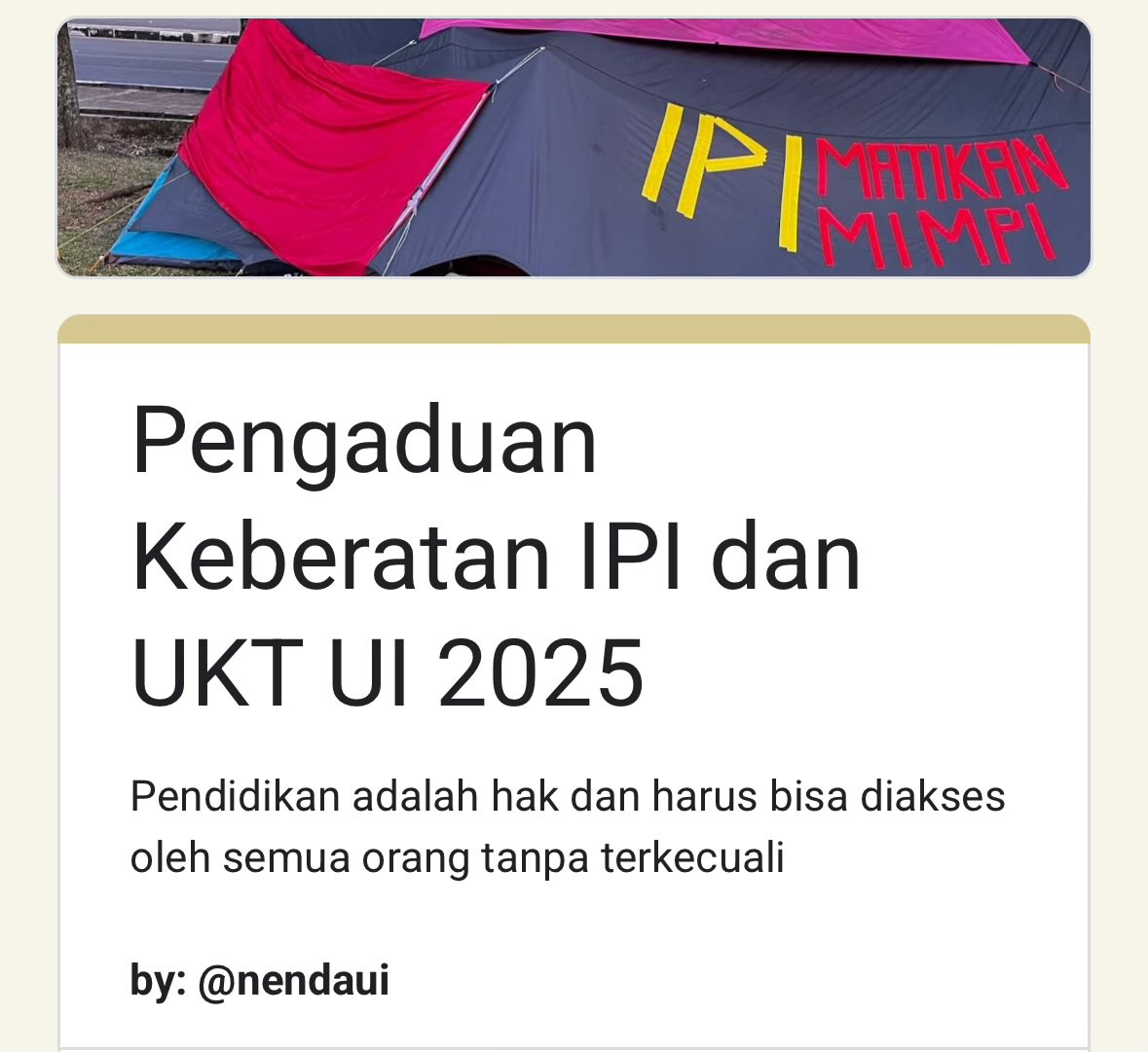 NendaUI's tweet image. Halo temen-temen UI!
Sedih ga sih liat IPI sama UKT yang dibebanin ke maba UI 2025 sekarang? masa mau kuliah doang biayanya seharga motor?
Buat yang kena IPI sama UKT nabi adam, kita tampung keluh kesah kamu di sini!!
forms.gle/hmX78RCT39qj8Zβ¦