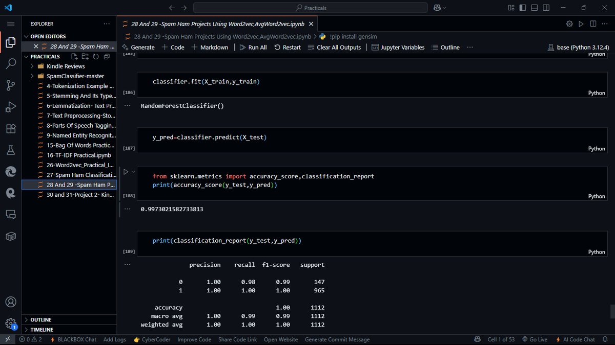 crikvoke's tweet image. finally wrapped up NLP today .Here’s what I’ve covered so far:
- Tokenization, Stopword Removal, Stemming &amp;amp; Lemmatization
- POS Tagging, Named Entity Recognition
- Feature extraction with BoW, TF-IDF, Word2Vec &amp;amp; AvgWord2Vec
- Built spam classifiers using all 3 vectorizers