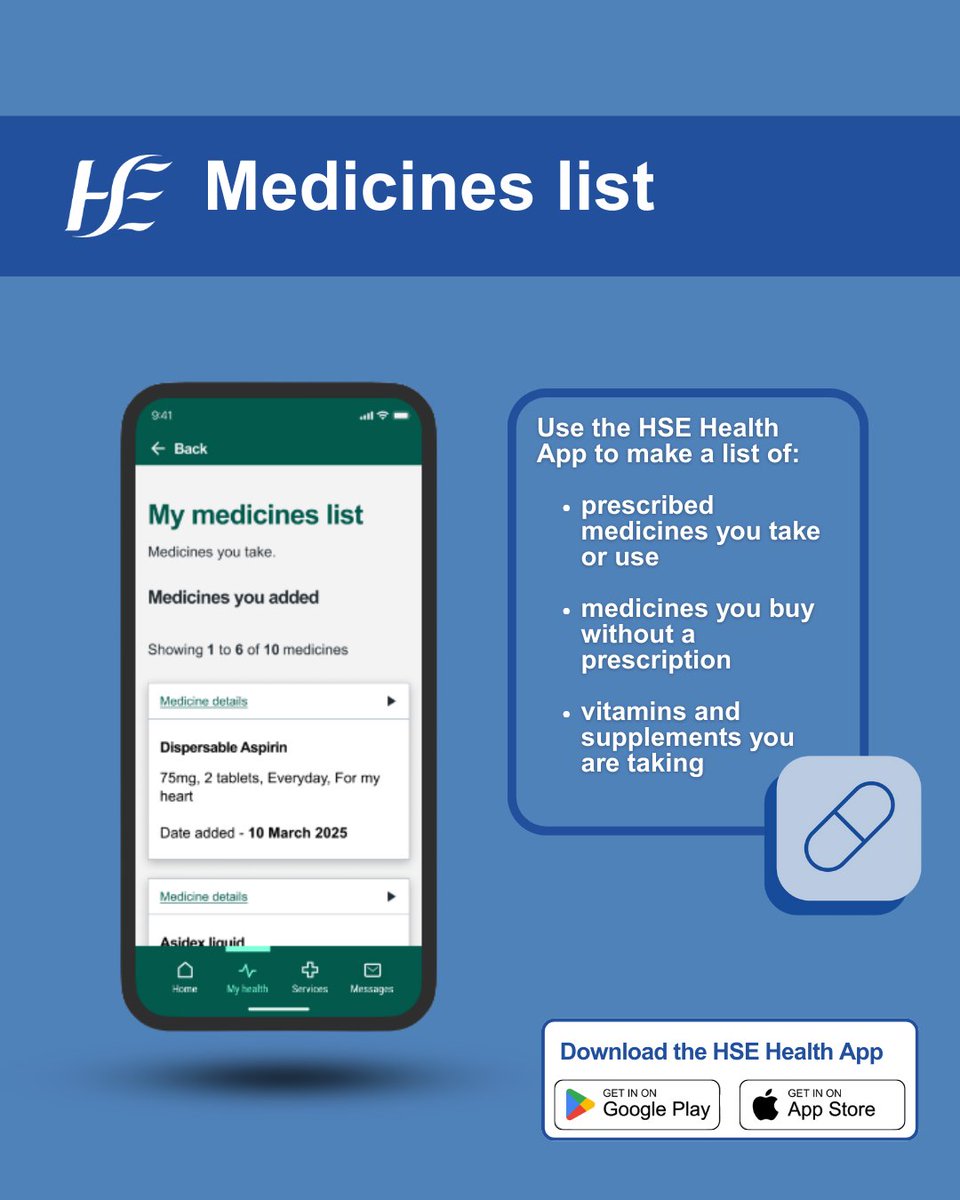 The HSE Health App allows you to securely store a digital list of your self-declared medication. Really useful to have for pharmacy or hospital visits. 

Download it here: 
App store: bit.ly/41nqOz4
Google play: bit.ly/4ilbAkQ