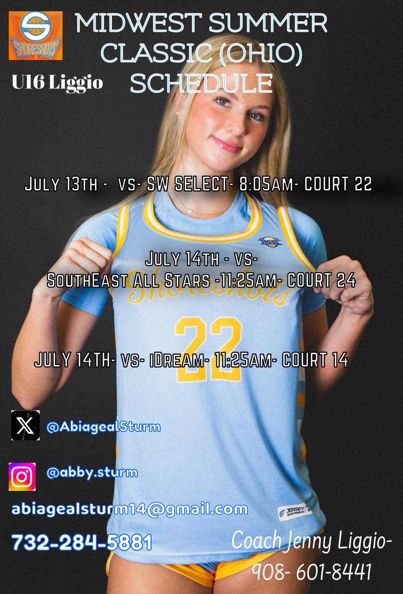 Abby Sturm (@abiagealsturm) on Twitter photo Here is my Midwest Summer Classic schedule for Ohio! Looking forward to playing great competition and getting better. Coaches, come check us out!!!!! 🧡🩵<a href="/ShoreshotsGirls/">NJ Shoreshots Girls- HGSL</a> <a href="/NJShoreshots27/">NJ Shoreshots 2027 HGSL</a> <a href="/rbcgirlshoops/">RBC Girls Basketball</a> <a href="/TinyGreenNBS/">Coach Tiny Green</a> Here is my Midwest Summer Classic schedule for Ohio! Looking forward to playing great competition and getting better. Coaches, come check us out!!!!! 🧡🩵<a href="/ShoreshotsGirls/">NJ Shoreshots Girls- HGSL</a> <a href="/NJShoreshots27/">NJ Shoreshots 2027 HGSL</a> <a href="/rbcgirlshoops/">RBC Girls Basketball</a> <a href="/TinyGreenNBS/">Coach Tiny Green</a>