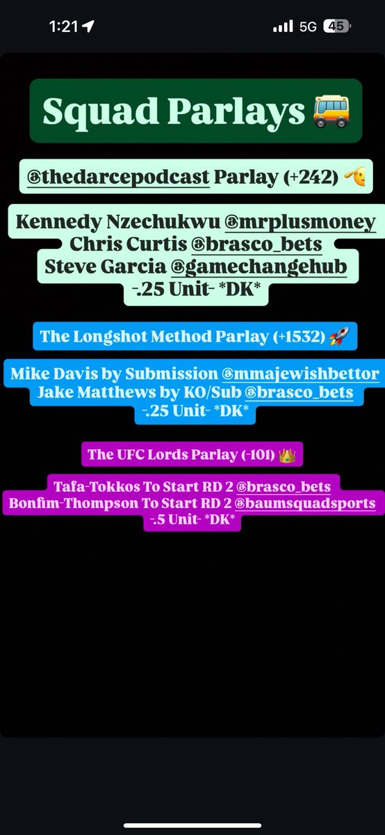 BrascoBets's tweet image. Squad parlays for UFC Nashville! 🫡 @mmajewishbettor @BaumsquadBets