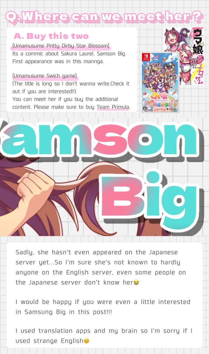 cookie_TMSB's tweet image. I WANT TO INTRODUCE MY FAVORITE UMAMUSUME‼️

Her name is Samson Big
She&apos;s a hardworking and cute Umamusume!!

Sorry if my English was weird…
I&apos;m not good at English😂

[Click the picture]

#umamusume 
#samsonbig #サムソンビッグ
