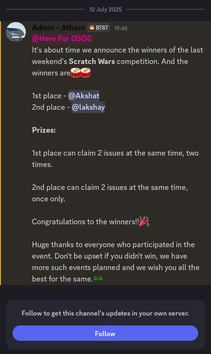 AkshtCodes's tweet image. Mini achievement:
Just won 1st place π₯ in the #OSoC25 @scratch Wars event!
Built a fun mini-game and it paid off π―