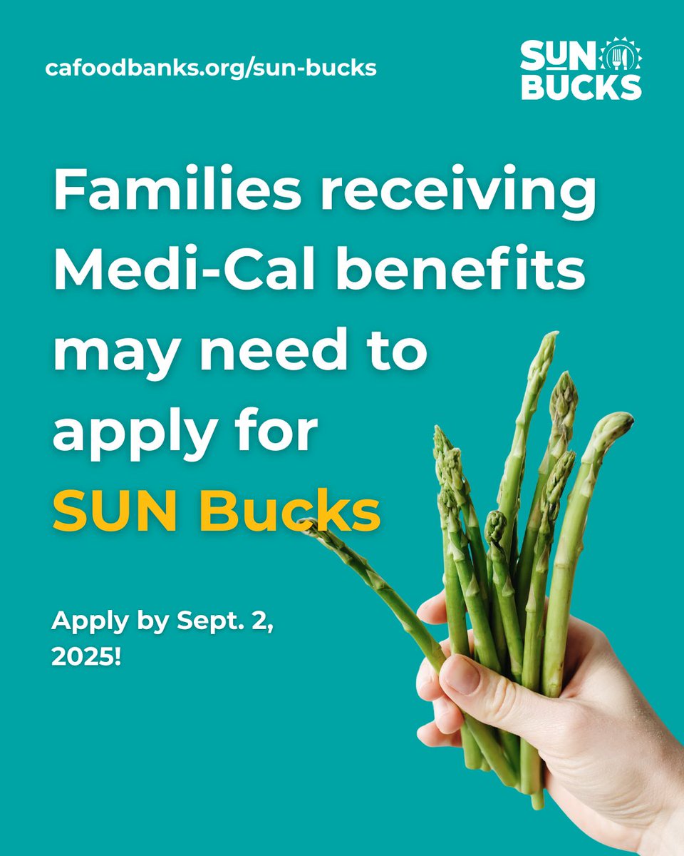 CAFoodBanks's tweet image. 📢 Heads up! If your family receives Medi-Cal benefits, you may still need to apply for #SUNBucks to get summer grocery support. 🛒☀️
Applying ensures your child gets the food they need while school is out. 🥗🍓
For more information, visit this link: cafoodbanks.org/sun-bucks