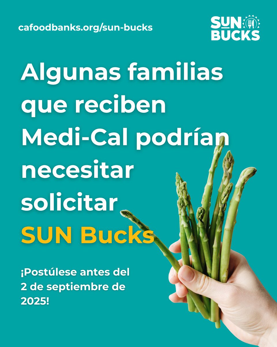CAFoodBanks's tweet image. 📢 Si tu familia recibe beneficios de Medi-Cal, es posible que todavía tengas que solicitar #SUNBucks para obtener ayuda con la compra de alimentos. 🛒☀️
Solicitarlos garantiza que tu hijo reciba los alimentos que necesita durante el receso escolar. 🥗🍓
cafoodbanks.org/sun-bucks
