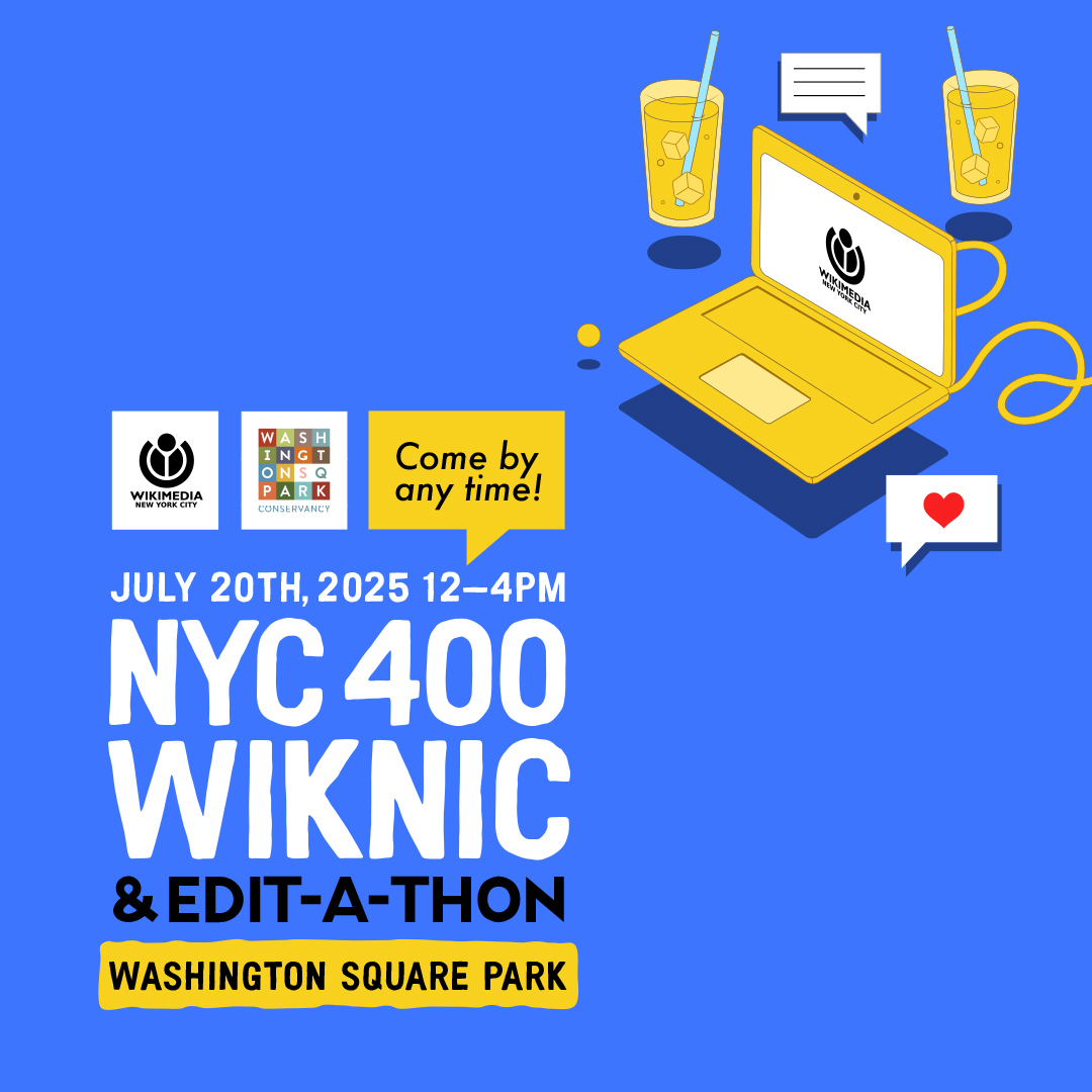 WikimediaNYC's tweet image. Grab your laptop, camera, and some shades 😎 and join us in the summer sun for a special NYC 400 Wikipedia picnic (Wiknic!) and photo tour in partnership with @WSPConservancy on Sunday, July 20th from 12pm to 4pm🧺 RSVP here: eventbrite.com/e/nyc-400-wikn… Support for the NYC 400…