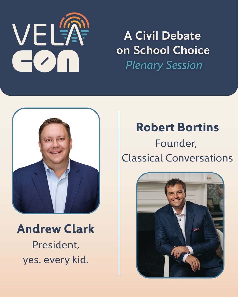 VELAorg's tweet image. ✨ VELA Con programming showcase | Plenary Session: “A Civil Debate on School Choice “ featuring Andrew Clark, president of @yes_everykid, and Robert Bortins, founder of @ClassicalConv.
---
As school choice legislation sweeps the country, the national conversation is growing…