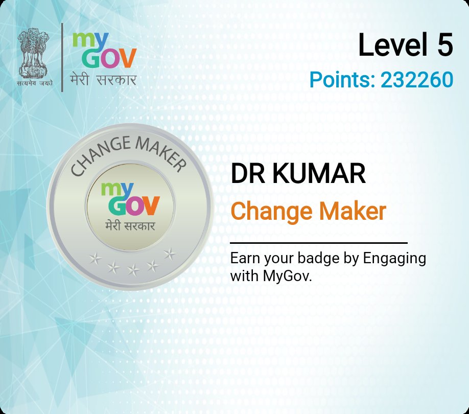 kumarvikas04's tweet image. I am a &quot;Change Maker Level 5&quot; with MyGov. Earn your badge by Engaging with MyGov. mygov.in