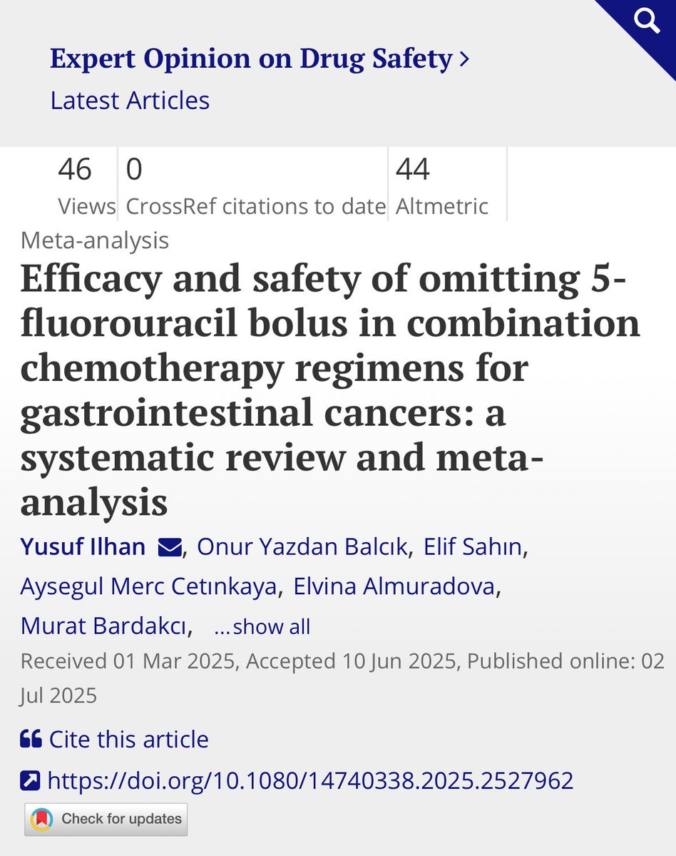 Omitting bolus 5-FU in GI cancer chemo: a meta-analysis 🔬
pubmed.ncbi.nlm.nih.gov/40590359/
In 12,698 pts, skipping bolus 5-FU ➡️ ↓ grade 3–4 neutropenia (🧪 OR 0.46) &amp; thrombocytopenia (🩸 OR 0.53) without compromising PFS or OS ✅
💪Safer option, same efficacy.