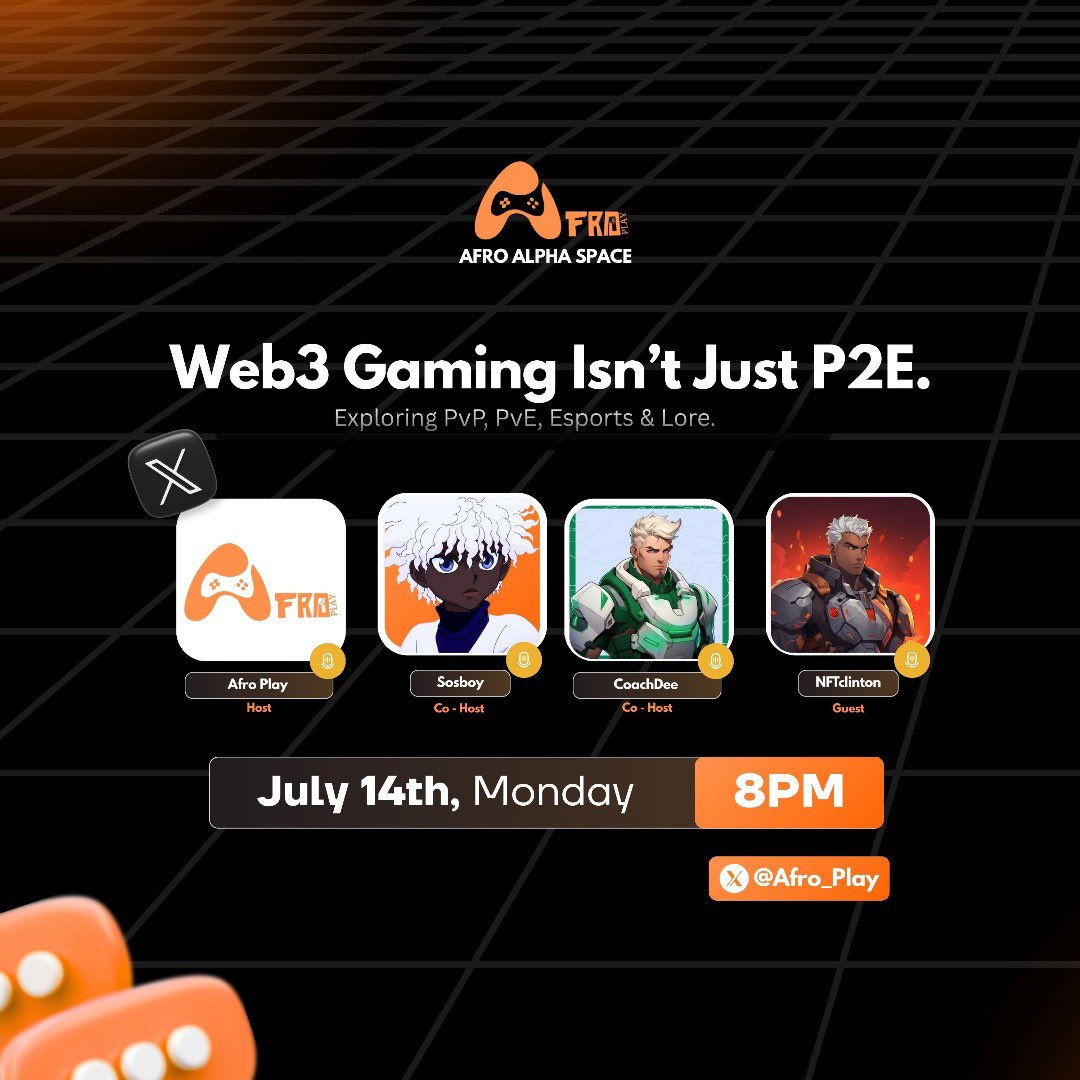 AfroPlay.GG (@afro_play) on Twitter photo Web3 gaming isn't just play to earn
There are a lot more that goes on under the hood
From player vs player to global esports events
Come & join Afro play in exploring what really happens
We'll be joined by @coachdeeng , <a href="/nftclinton1/">NFTclinton L1🔺️🎮</a> & @fadedsolmaxi July 14th 8pm WAT Web3 gaming isn't just play to earn
There are a lot more that goes on under the hood
From player vs player to global esports events
Come & join Afro play in exploring what really happens
We'll be joined by @coachdeeng , <a href="/nftclinton1/">NFTclinton L1🔺️🎮</a> & @fadedsolmaxi July 14th 8pm WAT