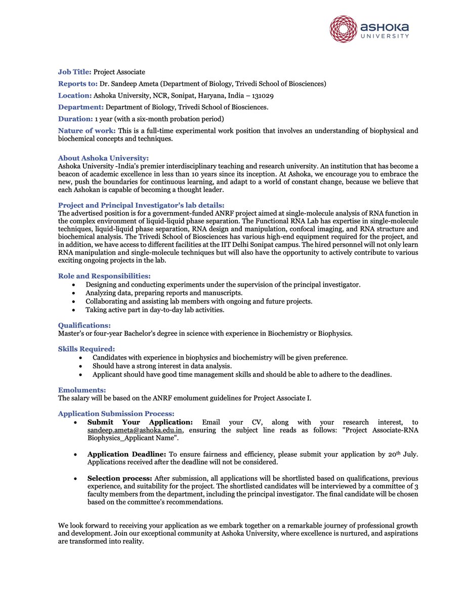 We have a Project Associate position on an ANRF project aiming at analyzing the single-molecule dynamics of functional RNAs in the LLPS environment. If you are interested in RNA biophysics, biochemistry or LLPS, please apply!

Deadline: 20th July
sites.google.com/view/functiona…