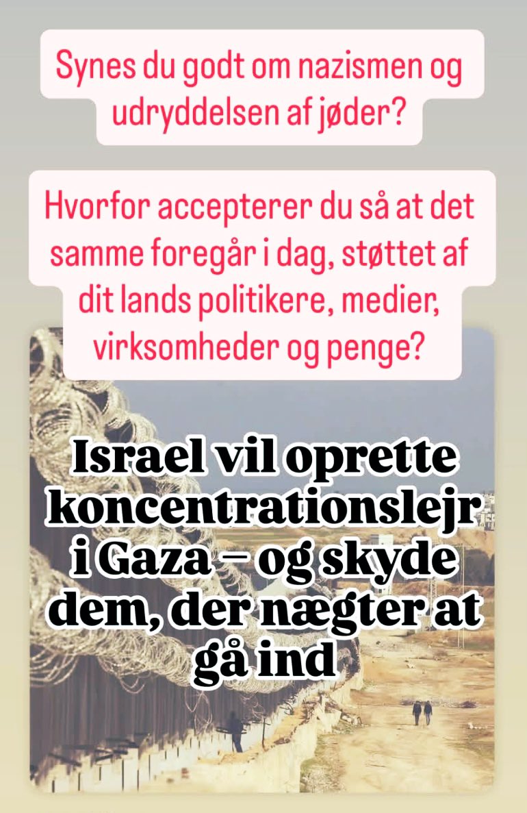 Synes du godt om nazismen og udryddelsen af jøder? Hvorfor accepterer du så, at det samme foregår i dag, støttet af dit lands politikerne, medier, virksomheder og penge?