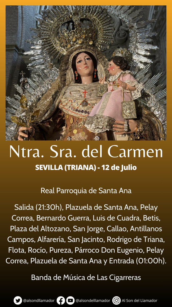 Al Son del Llamador (@alsondllamador) on Twitter photo 🔴 Comienzan esta tarde las procesiones carmelitas con las de <a href="/Carmen_SLeandro/">Hdad. del Carmen de San Leandro</a> y <a href="/CarmenStaAna/">Hdad. Carmen de Santa Ana</a>.
🎷 <a href="/BandaCantillana/">La Soledad de Cantillana</a> y <a href="/BMLasCigarreras/">BM Las Cigarreras</a>.
#GloriasSevilla25 #TDSCofrade 🔴 Comienzan esta tarde las procesiones carmelitas con las de <a href="/Carmen_SLeandro/">Hdad. del Carmen de San Leandro</a> y <a href="/CarmenStaAna/">Hdad. Carmen de Santa Ana</a>.
🎷 <a href="/BandaCantillana/">La Soledad de Cantillana</a> y <a href="/BMLasCigarreras/">BM Las Cigarreras</a>.
#GloriasSevilla25 #TDSCofrade