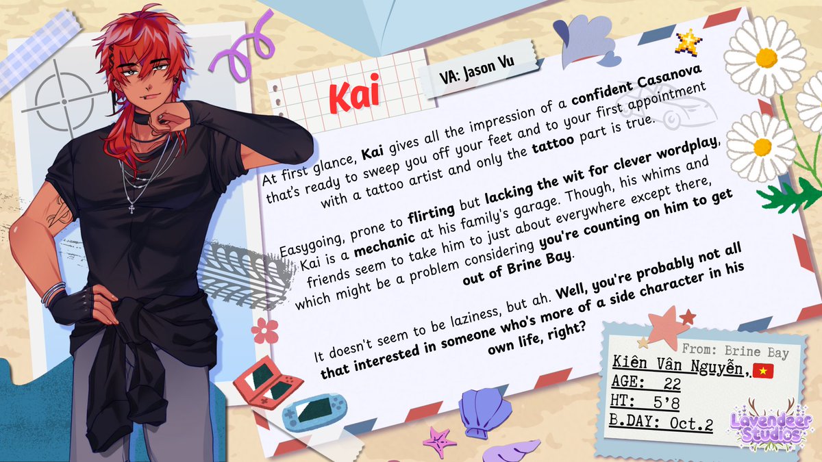 LavendeerStudio's tweet image. 🎮 Character Introduction 🛠️
Meet Kai, a mechanic with a flirtatious streak and a habit of showing up everywhere except work. He might not have it all figured out — but you’ll never be bored around him!
#visualnovel #vndev #ToYBTB #otome #amare
