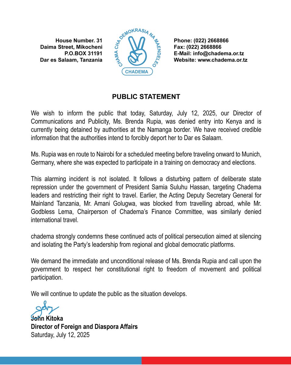 We wish to inform the public that today, Saturday, July 12, 2025, our Director of Communications and Publicity, Ms. Brenda Rupia, was denied entry into Kenya and is currently being detained by authorities at the Namanga border. We have received credible information that the